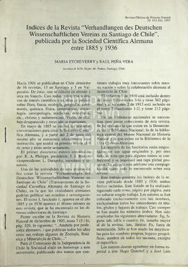 Indices de la Revista "Verhandlungen des Deutschen Wissenschaftlichen Vereins zu Santiago de Chile", publicada por la Sociedad Científica Alemana entre 1885 y 1936.