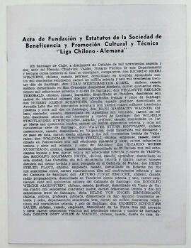 Acta de Fundación y Estatuos de la Sociedad de Beneficiencia y Promoción Cultural y Técnica "Liga Chileno-Alemana"